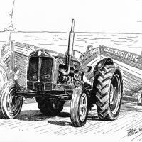 Fordson 'Major' Tractor with Crab Boats (Pen & Ink)